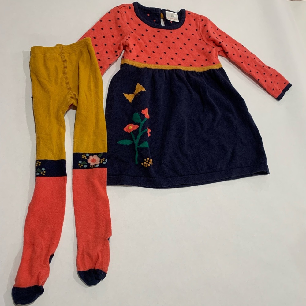 Hanna Anderson blue and pink dress with tights. Size 100. Mint condition.